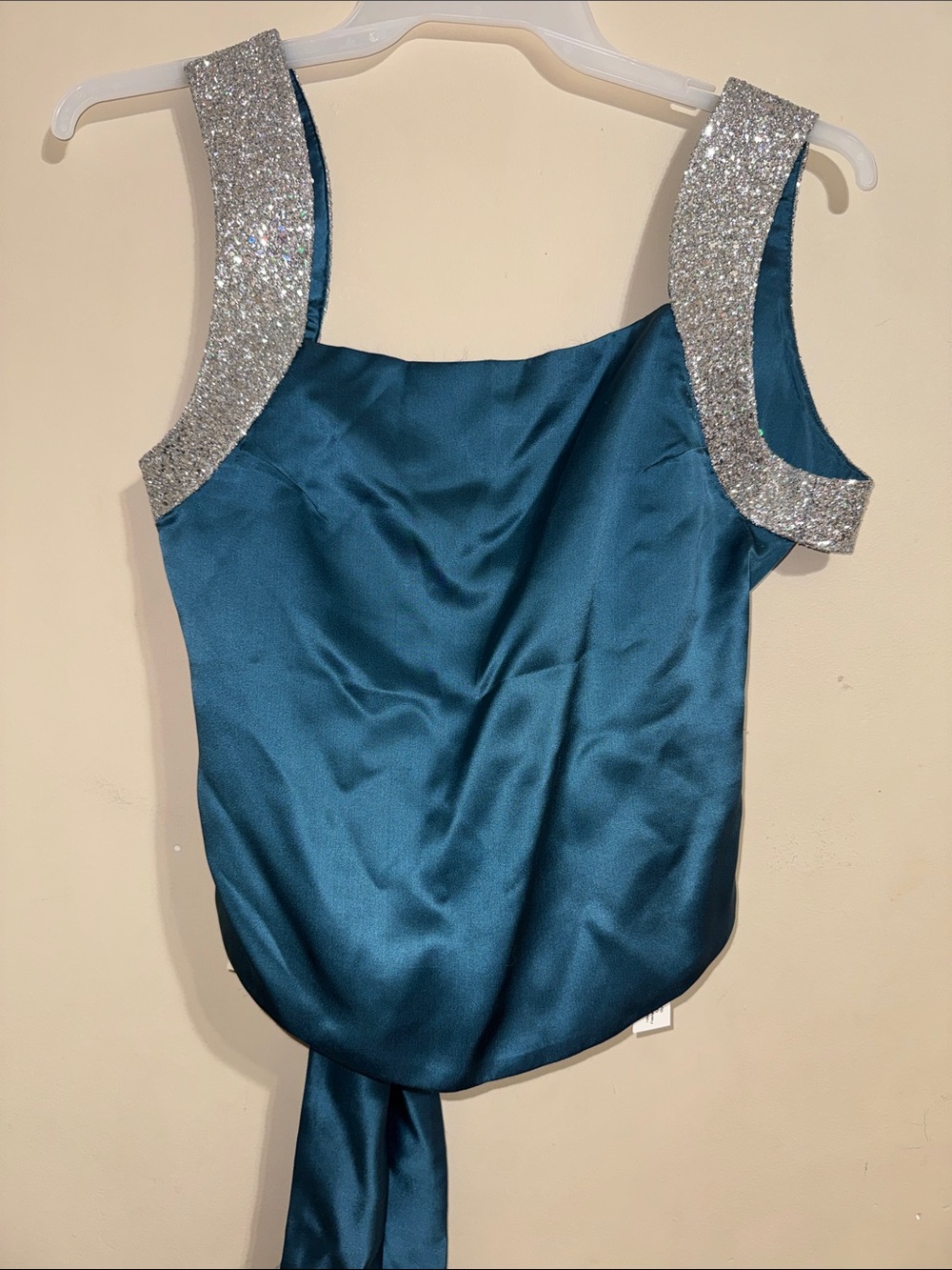 Teal Satin Crop Top with Silver Glitter Straps